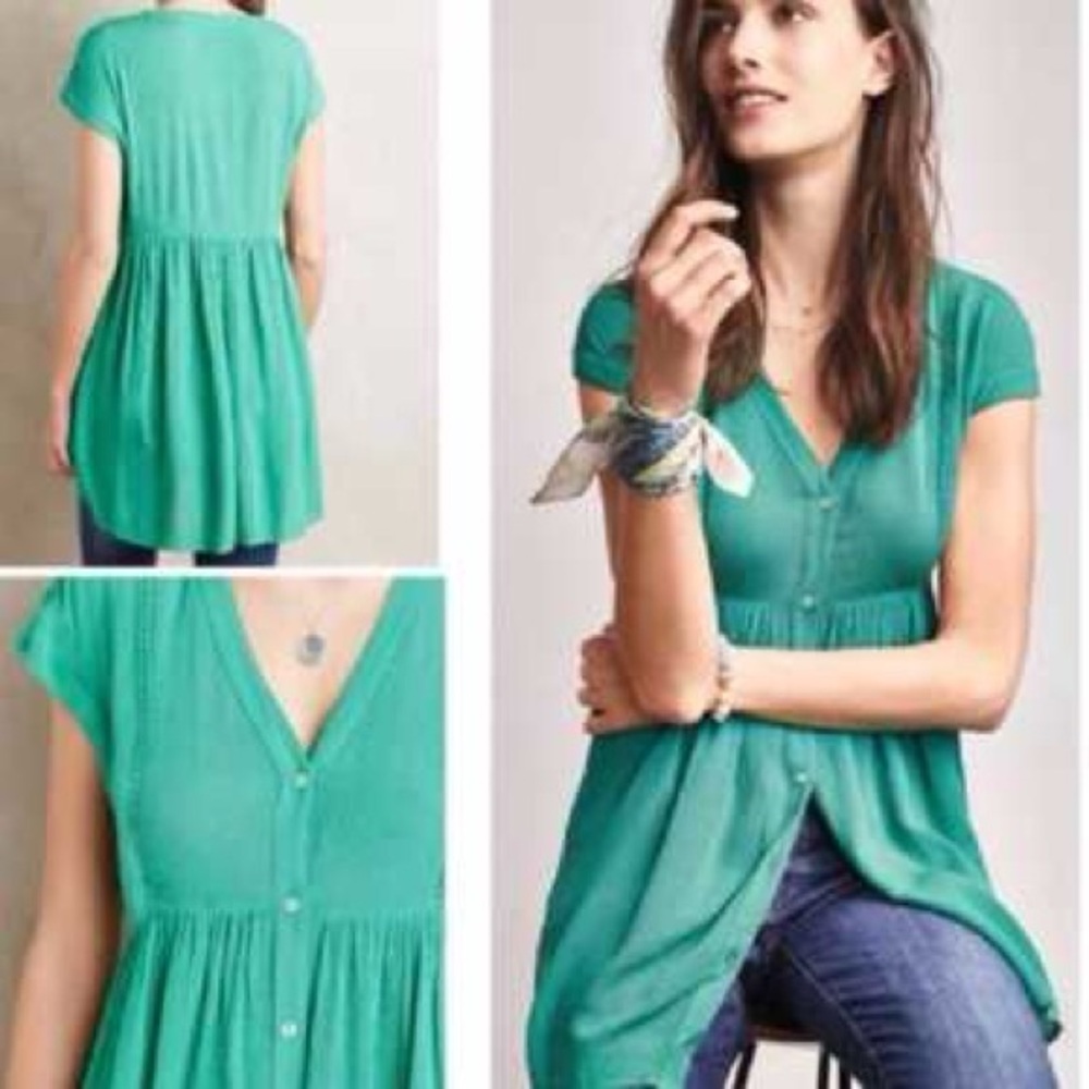 Anthropologie Vanessa Virginia Green Button-Down Tunic Top